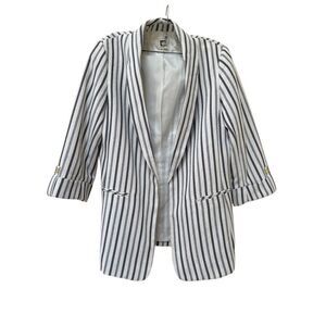 Anne Klein m striped long blue white blazer gold accents business chic preppy li